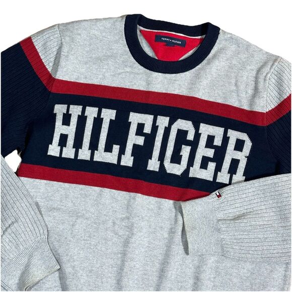Tommy Hilfiger Men’s XL Spellout ColorBlock Sweater Gray Red Blue Stripe - Picture 3 of 9